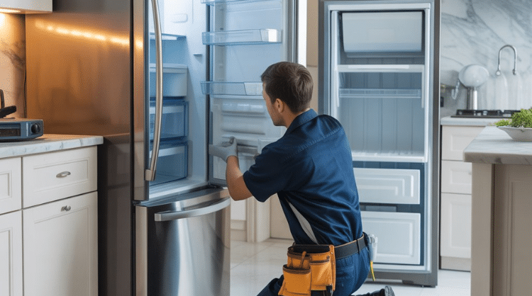 Professional refrigerator repair technician inspecting an open refrigerator in a modern kitchen with repair tools on the floor.